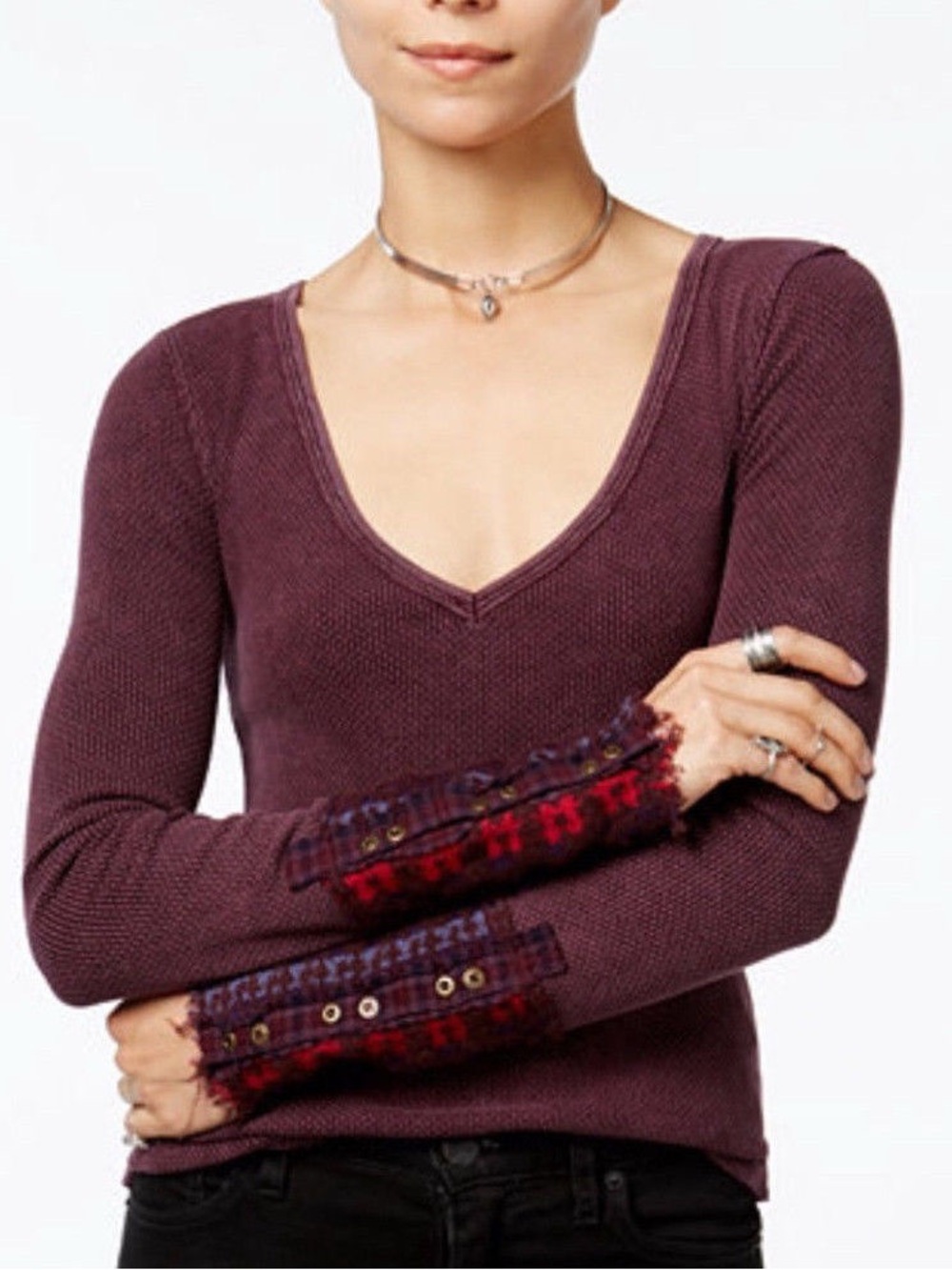 Free People We The Free Thermal Lace Cuff V-Neck Top M Burgundy